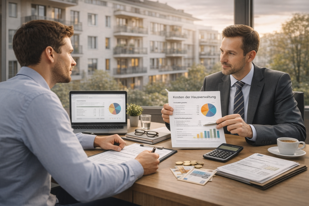 Kosten einer Hausverwaltung im Beratungsgespräch mit Kostenübersicht, Diagrammen und Unterlagen zur Immobilienverwaltung