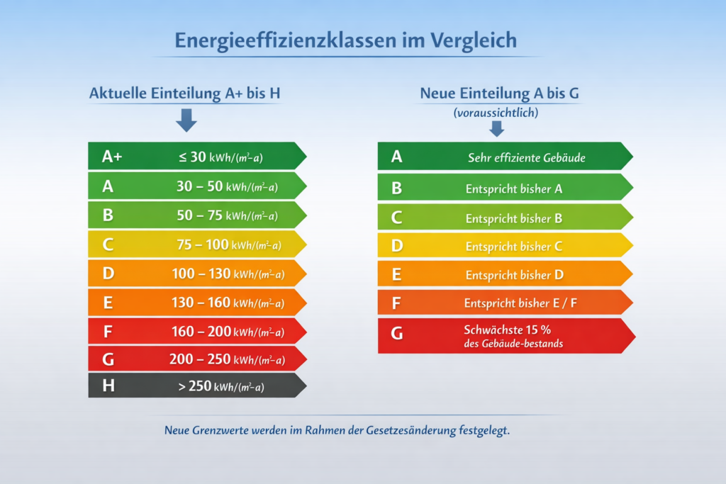 Energieausweis mit Vergleich der bisherigen Energieklassen A+ bis H und der neuen Skala A bis G