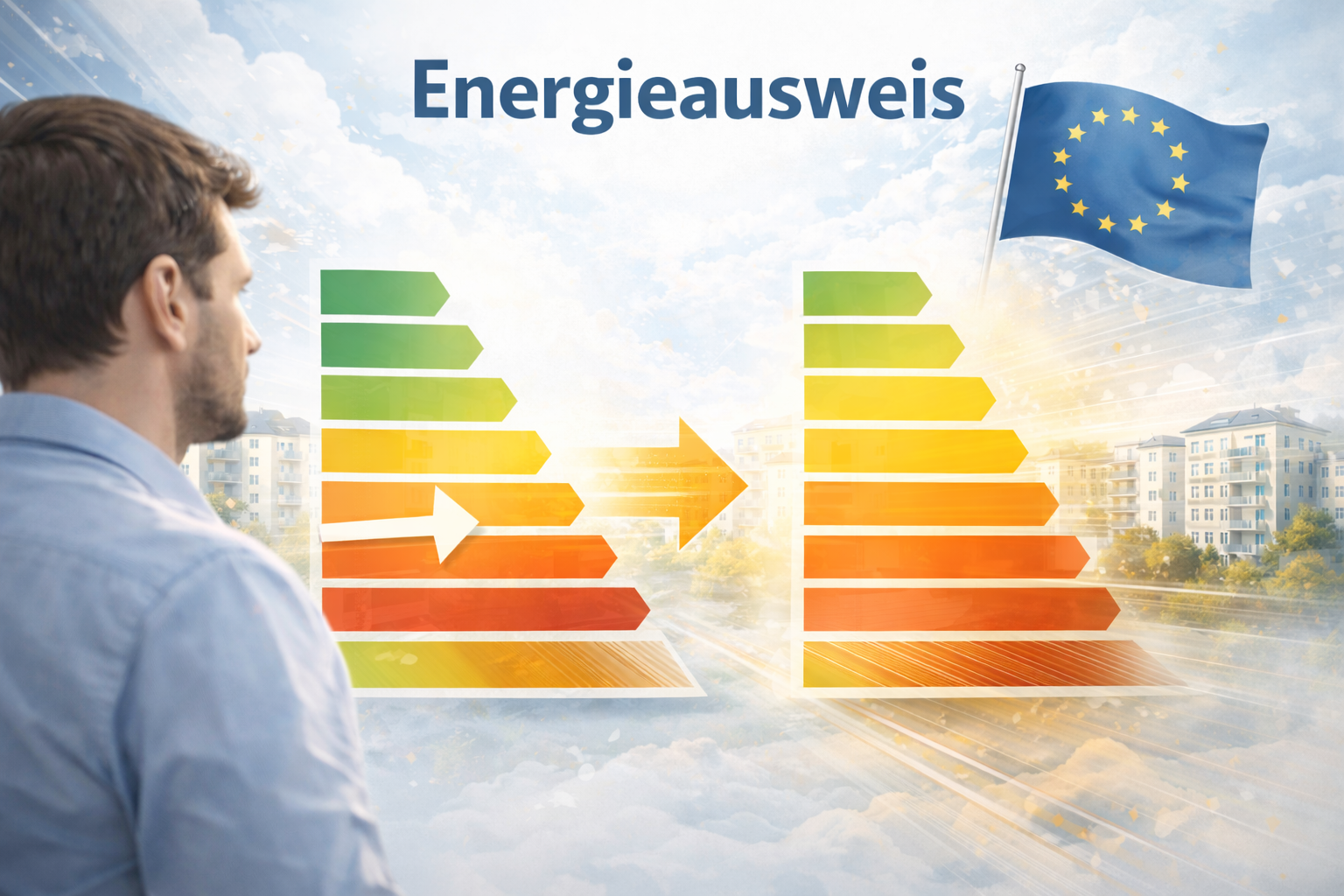 Visualisierung zum Energieausweis mit Gegenüberstellung der aktuellen und künftigen Energieklassensystematik im Kontext europäischer Vorgaben und moderner Wohngebäude