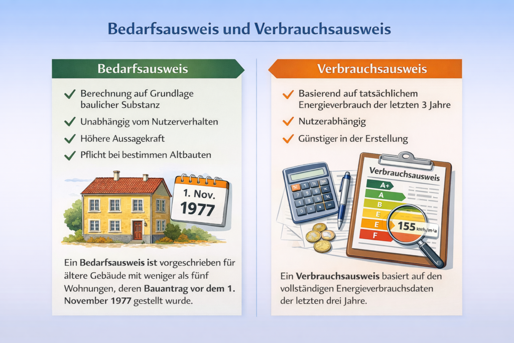 Energieausweis mit Vergleich von Bedarfsausweis und Verbrauchsausweis bei Wohngebäuden